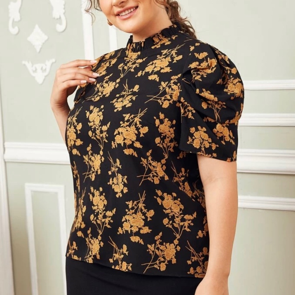 Frilled Neck Puff Sleeve Floral Top